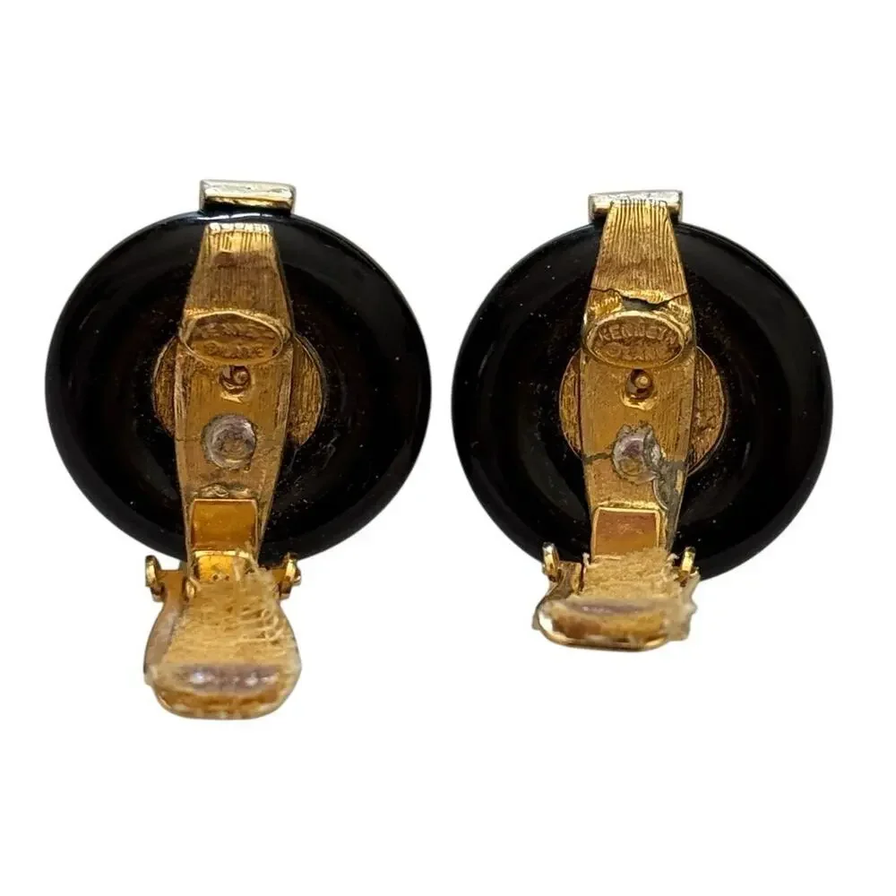 KENNETH J.L. Earrings, Gold tone, Black Enamel and White Faux Pearl, Clip on